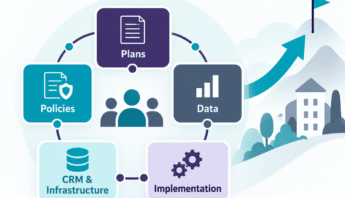 Connected organizational system showing plans, policies, data, CRM infrastructure, and implementation moving toward progress.
