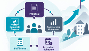Illustration showing sponsorship action tools and outputs connected around a central team, including proposal development, corporate screening, activation planning, fulfillment, data, and sponsorship outcomes.
