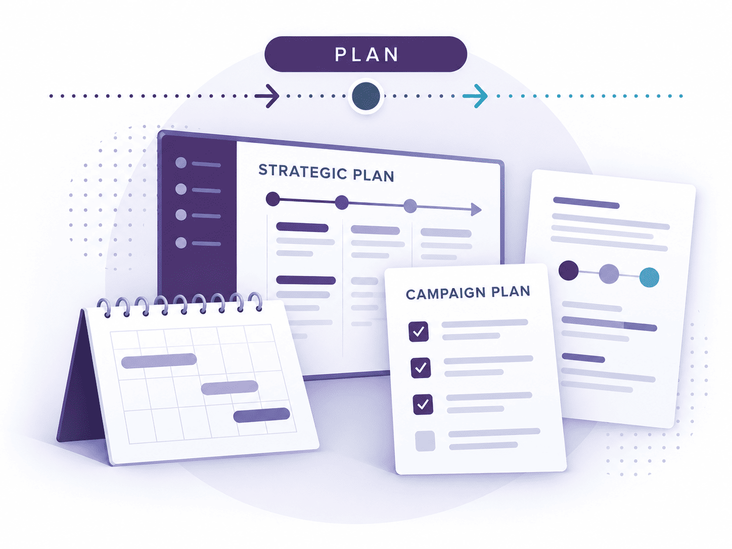 Fundraising planning illustration showing strategy documents and a timeline as the first stage of the fundraising process.