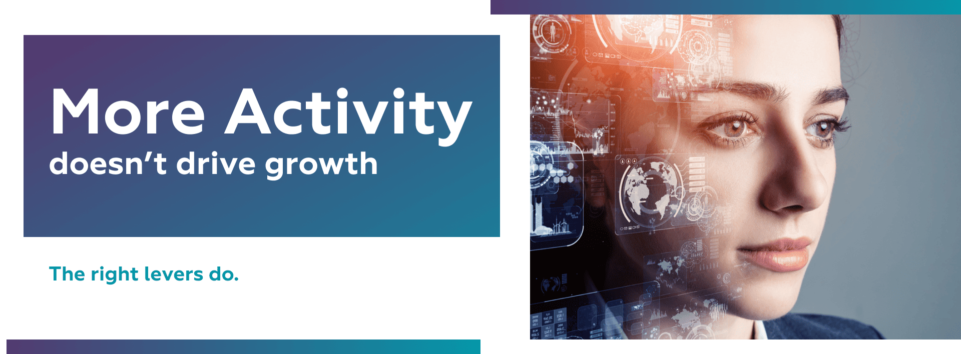 Woman looking ahead with digital data overlays, representing organizational analysis and prioritization.