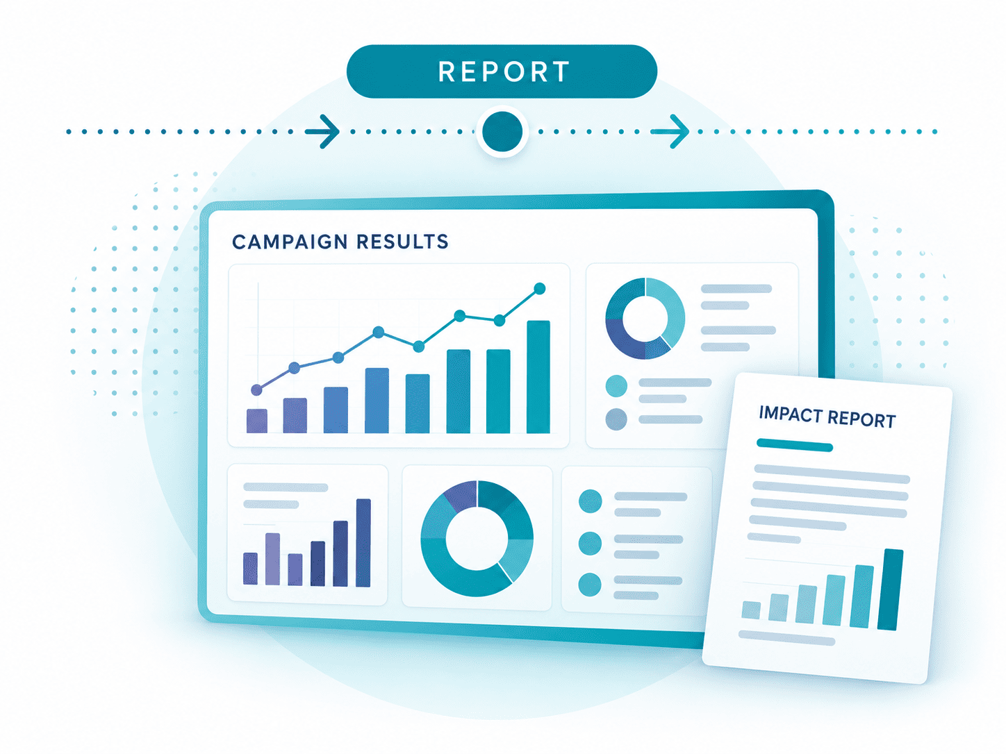 Fundraising reporting illustration showing results and performance data as the final stage of the fundraising process.