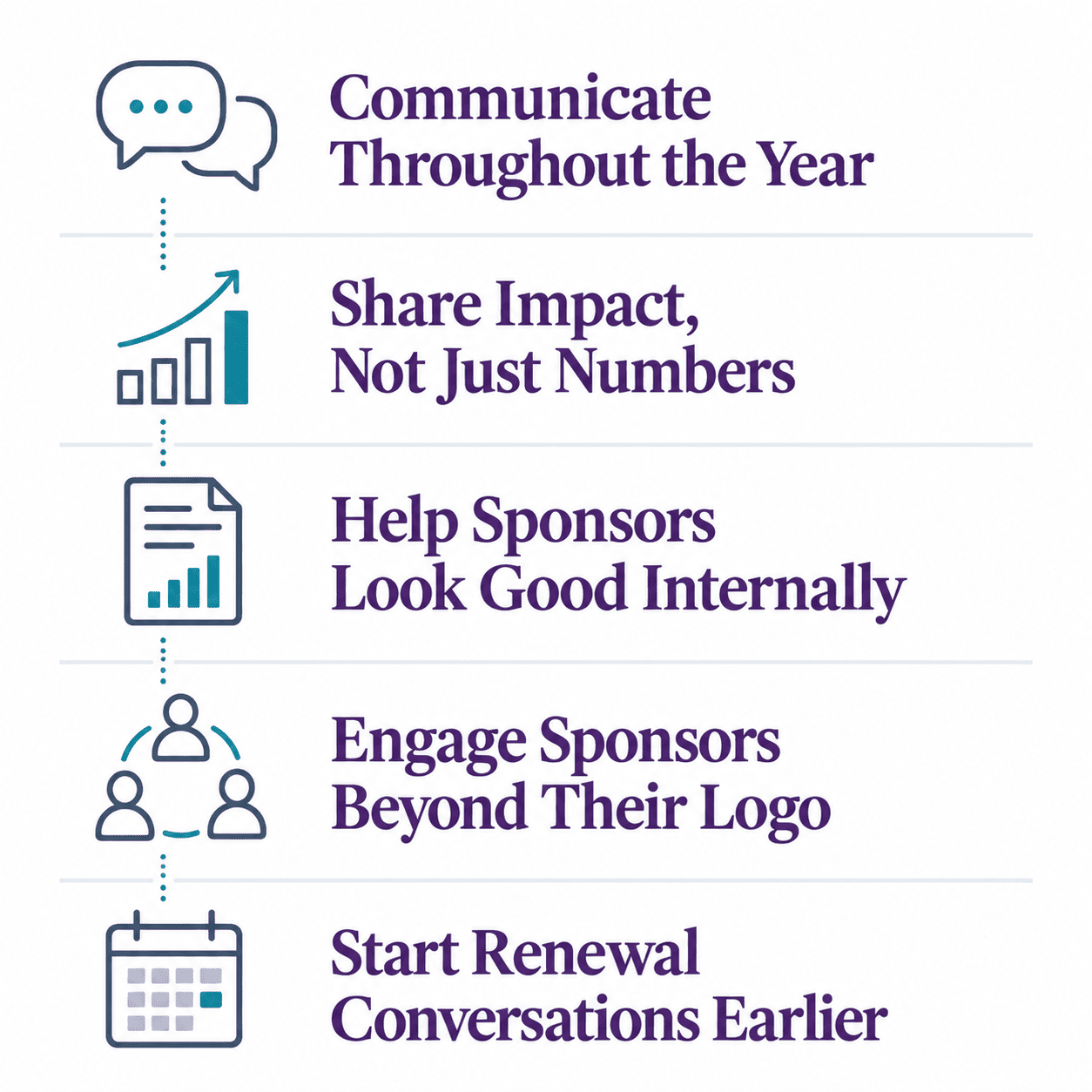 Five sponsor retention strategies covering communication, impact, reporting, engagement, and renewal.Five sponsor retention strategies covering communication, impact, reporting, engagement, and renewal.