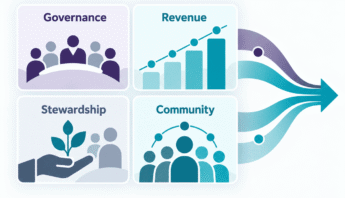 Four Prioritization Diagnostic areas, Governance, Revenue, Stewardship, and Community, feeding into a shared forward direction.