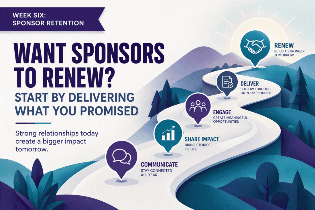 Sponsor retention roadmap: communicate, share impact, engage, deliver, and renew.