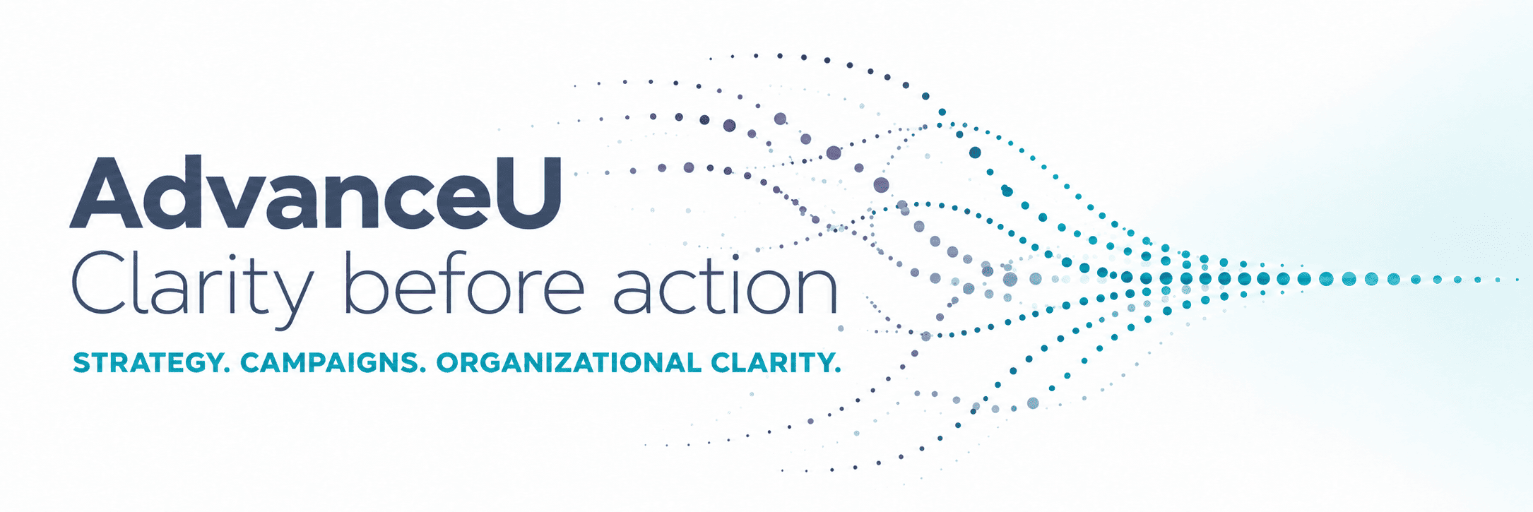Abstract dotted lines in AdvanceU brand colours moving from purple to teal, representing clarity, alignment, and forward direction.